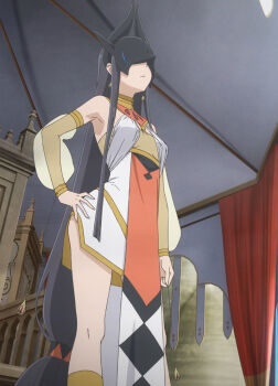 1girl armpits black_hair black_mask breasts character_request cleavage closed_mouth detached_sleeves dot_nose dress dungeon_ni_deai_wo_motomeru_no_wa_machigatteiru_darou_ka earrings female_focus flower flower_on_chest hand_on_own_hip hathor_(danmachi) highres horns jewelry legs long_hair mask medium_breasts miniskirt no_bra outdoors pelvic_curtain see-through_clothes see-through_sleeves sexually_suggestive skirt solo solo_focus stitched thigh_strap third-party_edit white_dress white_flower white_skirt white_sleeves