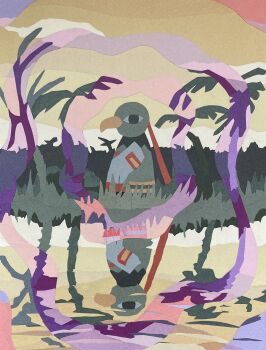 absurdres cloud commentary_request gen_2_pokemon grass highres nintendo no_humans outdoors paper_cutout_(medium) papercraft_(medium) pokemon pokemon_(creature) pokemon_focus reflection reflective_liquid revision sky solo tori_chiritsu tree unconventional_media xatu