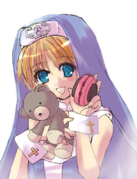 1boy :d ag_(sdxgs8) aqua_eyes bare_arms bare_shoulders blonde_hair blue_veil blue_vest bridget_(guilty_gear) cross cross_print guilty_gear guilty_gear_xx hands_up holding holding_stuffed_toy holding_toy latin_cross looking_at_viewer mars_symbol neck_ribbon no_gloves nun open_mouth print_wrist_cuffs ribbon roger_(guilty_gear) shirt simple_background sleeveless sleeveless_shirt smile stuffed_animal stuffed_toy teddy_bear toy trap upper_body veil vest white_background white_shirt white_wrist_cuffs wrist_cuffs yellow_ribbon yo-yo