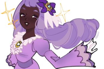 1girl ascot brooch dark-skinned_female dark_skin derivative_work dress fascinator frilled_ascot frills gloves hair_flip hand_up jacinthe_(pokemon) jewelry juliet_sleeves lips long_hair long_sleeves looking_at_viewer low_drills mega_stone motion_lines nintendo parted_lips pokemon pokemon_legends:_z-a puffy_sleeves purple_dress purple_eyes purple_hair screenshot_redraw smile solo sparkle upper_body very_dark_skin yawntchi