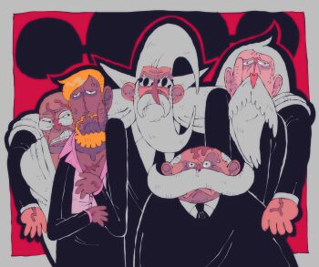 5boys angry bald beard birthmark black_necktie black_suit blonde_hair bubbydarkstar commentary english_commentary ethan-baron_v._nusjuro facial_hair figarland_garling formal_clothes glasses gorosei highres long_beard long_hair male_focus marcus_mars multiple_boys mustache necktie old old_man one_piece parody pink_shirt red_background robe scar scar_on_chest shepherd_ju_peter shirt short_hair snot squishing stress suit sunglasses sweatdrop thick_mustache toon_(style) topman_warcury white_hair white_robe white_shirt