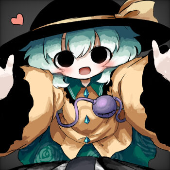 Rule 34 | 1girl, :d, black eyes, black hat, black necktie, black suit, blouse, blush, buttons, collared shirt, commentary request, diamond button, eyeball, formal clothes, frilled shirt collar, frilled sleeves, frills, green hair, green skirt, hat, hat ribbon, heart, heripantomorrow, incoming hug, komeiji koishi, long sleeves, looking at viewer, necktie, open mouth, outstretched arms, pov, reaching, reaching towards viewer, ribbon, shirt, skirt, smile, solo, suit, third eye, touhou, yellow ribbon, yellow shirt