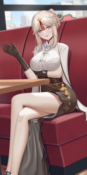 1girl absurdres black_bra bra bra_visible_through_clothes breasts brown_dress brown_gloves button_gap china_dress chinese_clothes cloud commentary_request crossed_legs day dress feet_out_of_frame genshin_impact gloves hair_ornament hair_stick hairpin highres lace lace-trimmed_bra lace_trim large_breasts ningguang_(genshin_impact) parted_bangs red_eyes restaurant revision sitting skyline solo suzhi2333 table tassel tassel_hair_ornament underwear white_hair window
