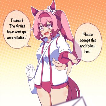 1girl animal_ears blush bow buruma commentary ear_bow ear_covers english_commentary flower-shaped_pupils flower_in_eye gloves hairband haru_urara_(bestest_prize)_(umamusume) haru_urara_(umamusume) headband highres horse_ears horse_girl horse_tail jacket letter long_hair looking_at_viewer neferkitty nuko_(shoujo_shuumatsu_ryokou) open_mouth pink_buruma pink_eyes pink_hair pink_headband ponytail red_buruma red_gloves red_headband shirt shoujo_shuumatsu_ryokou smile symbol-shaped_pupils symbol_in_eye tail umamusume