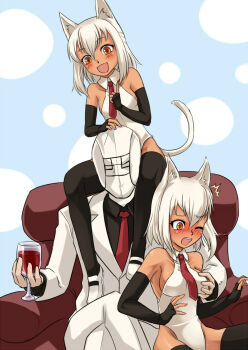 2girls animal_ears artist_self-insert blush breasts cat_ears cat_tail coconut_(evil000000s) grabbing_another's_breast groping medium_breasts multiple_girls nam_(valckiry) necktie nonoko_(evil000000s) nonoko_(nishino) open_mouth original small_breasts smile sunoko_(evil000000s) sunoko_(nishino) tail thighhighs