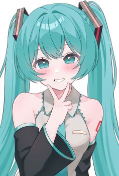 1girl absurdres aqua_eyes aqua_hair aqua_nails aqua_necktie aqua_trim blush breasts collared_shirt commentary_request detached_sleeves grey_shirt hair_ornament hatsune_miku highres long_hair long_sleeves looking_at_viewer medium_breasts necktie omame_3de open_mouth shirt simple_background sleeveless sleeveless_shirt smile solo twintails upper_body v very_long_hair vocaloid white_background wide_sleeves