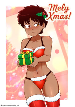 1girl :< absurdres angry bikini blush boots breasts brown_eyes brown_hair christmas christmas_ornaments christmas_present christmas_tree christmas_wreath cleavage collarbone dakunart dark_skin earrings fur-trimmed_bikini fur_trim gift hair_ornament highres holding holding_gift jewelry looking_at_viewer medium_breasts merry_christmas mistletoe_hair_ornament navel navel_piercing original piercing pun red_bikini red_boots santa_bikini santa_costume short_hair standing sweat swimsuit thigh_boots tomboy tree wreath xiomara_(dakunart)