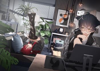 2girls animal_ears black_hair black_jacket black_thighhighs blue_eyes blunt_bangs blush computer_mouse day desk exhausted feet gesture glasses highres hoji_(hooooooooji1029) indoors jacket kneehighs lamp long_hair long_sleeves looking_at_another multiple_girls one_eye_closed open_mouth original over-kneehighs pillow plant potted_plant red_hair shade shadow short_hair sitting socks tablet_pc thighhighs window window_blinds yellow_eyes