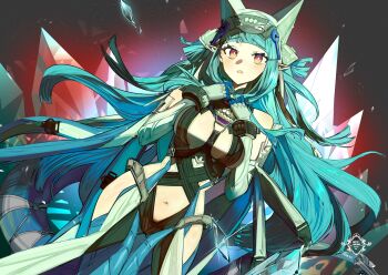 1girl absurdres arknights arknights:_endfield artist_name bare_shoulders blue_hair blunt_bangs blush bodysuit breasts clothing_cutout crystal dutch_angle elbow_gloves gloves gluteal_fold gradient_background hands_on_own_chest highres large_breasts last_rite_(arknights) long_hair looking_at_viewer low_wings navel navel_cutout open_mouth pointy_ears red_background red_eyes solo tail thigh_gap veil very_long_hair white_gloves wings yun-yang