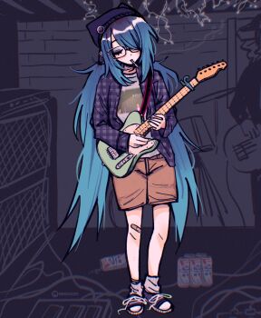 1girl alternate_costume american_football_(band) artist_name bandaid bandaid_on_knee bandaid_on_leg beanie blue_hair brown_shorts capo_(guitar) cigarette closed_eyes commentary electric_guitar english_commentary fender_telecaster flannel full_body glasses guitar hair_over_one_eye hat hatsune_miku highres holding holding_guitar holding_instrument indoors instrument kasane_teto long_hair long_sleeves loose_socks megrocks midwest_miku_(megrocks) monochrome_background nail_polish open_clothes open_shirt out_of_frame plaid_clothes plaid_skirt print_shirt purple_shirt shirt shoelaces shoes shorts skirt smoke smoking sneakers socks solo_focus standing twintails united_states utau very_long_hair vocaloid white_socks worldwide_miku