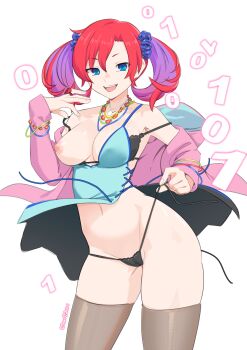 1girl absurdres bad_tag blue_eyes breasts brown_thighhighs clothes_lift digimon digimon_story:_cyber_sleuth dress dress_lift female_focus hair_ornament hairpin helmet highres jacket jewelry long_hair looking_at_viewer maho_malice necklace nipples one_breast_out open_mouth panties panties_pull red_hair shiramine_nokia side-tie_panties smile solo thighhighs twintails underwear untied_panties white_background