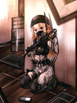 1girl absurdres black_boots black_headwear boots canadian_flag frost_(rainbow_six_siege) girls&#039;_frontline highres long_hair looking_at_viewer m4_sopmod_ii_(girls&#039;_frontline) pink_hair rainbow_six rainbow_six_siege red_eyes solo sweet_roll_(flu0313)