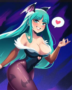 1girl animal_print bare_shoulders bat_print black_leotard breasts bridal_gauntlets capcom cleavage clothing_cutout collarbone darkstalkers demon_girl dinoomar green_eyes green_hair head_wings heart_cutout highres large_breasts leotard long_hair morrigan_aensland pantyhose purple_pantyhose smile solo wings