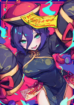 1girl absurdres alternate_costume black_dress breasts chainsaw_man china_dress chinese_clothes dress green_eyes hair_between_eyes hat highres jiangshi_costume karan_koron100 looking_at_viewer medium_breasts ofuda ofuda_on_head open_mouth purple_hair qingdai_guanmao reze_(chainsaw_man) sleeves_past_fingers sleeves_past_wrists solo