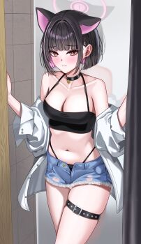 1girl absurdres animal_ears bare_shoulders bikini bikini_under_clothes black_bikini black_choker black_hair blue_archive blush breasts cat080805 cat_choker cat_ears cat_girl choker closed_mouth colored_inner_animal_ears colored_inner_hair commentary denim denim_shorts earrings extra_ears halo highres jewelry kazusa_(blue_archive) large_breasts looking_at_viewer multicolored_hair navel open_clothes open_shirt open_shorts pink_hair pink_halo red_eyes shirt short_hair short_shorts shorts sidelocks solo stud_earrings swimsuit thigh_strap torn_clothes torn_shorts two-tone_hair white_shirt