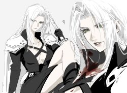 Rule 34 | 1girl, absurdres, armor, belt, black coat, black footwear, black gloves, blood, blood on chest, blood on clothes, boots, breasts, chest strap, coat, crossed legs, duoj ji, final fantasy, final fantasy vii, genderswap, genderswap (mtf), gloves, green eyes, hand up, highres, holding, holding sword, holding weapon, katana, knee boots, light smile, lips, long hair, long sleeves, looking to the side, multiple views, no pants, parted bangs, parted lips, pauldrons, sephiroth, shoulder armor, sitting, sketch, slit pupils, sword, thighs, venus symbol, very long hair, weapon, white hair