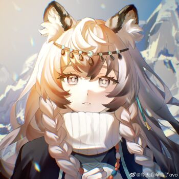 1girl animal_ear_fluff arknights braid brown_hair commentary_request grey_eyes hair_between_eyes highres jewelry jintian_wo_xinkule looking_at_viewer necklace parted_lips pramanix_(arknights) solo twin_braids upper_body watermark weibo_watermark