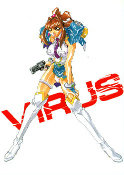 Rule 34 | 1990s (style), 1girl, bare shoulders, blush, breasts, brown eyes, brown hair, erika tinen, female focus, large breasts, looking at viewer, necktie, one eye closed, oobari masami, police, police uniform, policewoman, retro artstyle, shitajiki, simple background, solo, virus, virus buster serge, weapon, white background, wink