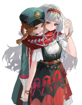 2girls absurdres aima_(reverse:1999) behind_another biting black_corset blood_sucking blue_eyes braid braided_hair_rings corset cowboy_shot green_hat green_jacket hair_rings hairband hand_up hat heterochromia highres holding_hands interlocked_fingers jacket kuroja long_hair looking_at_viewer multiple_girls neck_biting parted_lips peaked_cap red_eyes red_hairband red_scarf red_skirt reverse:1999 rubuska scarf shared_clothes shared_scarf shirt short_sleeves skirt vampire very_long_hair white_hair white_shirt