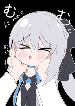 1girl absurdres black_bow black_dress blue_choker blush bow braid choker closed_eyes dress fate/grand_order fate_(series) hair_between_eyes hair_bow half_up_braid highres ice_choco_maker long_hair morgan_le_fay_(fate) morgan_le_fay_(second_ascension)_(fate) ponytail simple_background solo white_hair