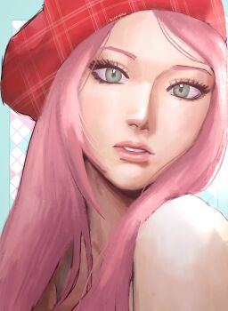 1girl argyle_background bleeehrghw cape commentary eyelashes green_cape green_eyes haruno_sakura hat highres naruto:_the_last naruto_(series) parted_lips pink_lips plaid_hat portrait purple_eyes red_hat signature solo