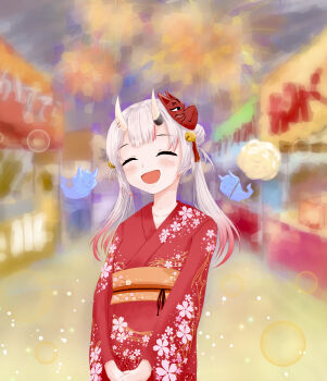 1girl absurdres closed_eyes closed_mouth commentary_request double_bun gradient_hair hair_bun highres hololive horns japanese_clothes karma_(nakiri_ayame) kimono mask multicolored_hair nakiri_ayame oni oni_mask open_mouth outdoors red_hair red_kimono red_streaks shiranui_(nakiri_ayame) skin-covered_horns smile solo steepled_fingers twintails u_da_desu virtual_youtuber