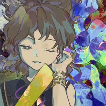 1girl abstract_background armlet cropped_torso gradient_background highres jewelry kaigen_1025 looking_at_viewer one_eye_closed short_hair solo straight-on touhou toyosatomimi_no_miko