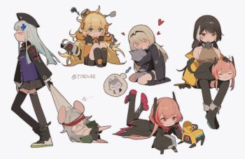>_< 6+girls ahoge an-94_(girls'_frontline) animal animal_ears animal_hug banana_(girls'_frontline) blush breasts dinergate_(girls'_frontline) dragging g11_(girls'_frontline) girls'_frontline heart hk416_(girls'_frontline) m4_sopmod_ii_(girls'_frontline) mouse_ears multiple_girls navel ro635_(girls'_frontline) s.a.t.8_(girls'_frontline) sideboob squiggle tearing_up trove twitter_username white_background wolf