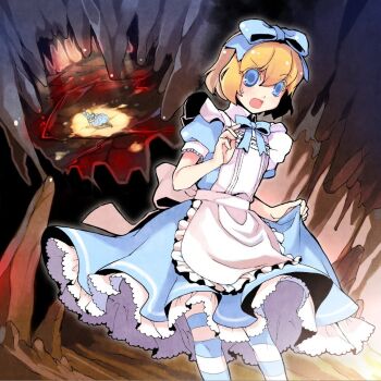 Rule 34 | 1girl, alice's adventures in wonderland, alice margatroid, alternate costume, blonde hair, blue eyes, cave, female focus, hair ribbon, hakoiri nekohime, parody, ribbon, short hair, solo, spotlight, stalactite, stone, striped clothes, striped thighhighs, thighhighs, touhou