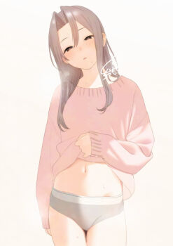 1girl adversarial_noise alternate_costume blush brown_eyes brown_hair clothes_lift commentary_request cowboy_shot grey_panties hair_between_eyes hair_down kantai_collection lifting_own_clothes long_hair long_sleeves looking_at_viewer navel panties parted_lips pink_sweater sakiecho shirt_lift sidelocks signature simple_background sleeves_past_wrists solo standing steam stomach sweat sweater thighs underwear white_background wilting zuihou_(kancolle)