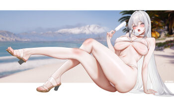 1girl absurdres beach bikini blush breasts crossed_legs feet food grey_eyes highres large_breasts long_hair looking_at_viewer open_mouth original popsicle sandals swimsuit toes tongue tongue_out von.franken white_hair