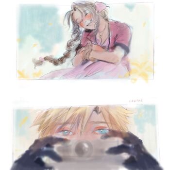 aerith_gainsborough aqua_eyes artist_name bangle black_gloves blonde_hair blush border bracelet braid braided_ponytail brown_hair camera canteatea choker closed_eyes cloud_strife dress final_fantasy final_fantasy_vii final_fantasy_vii_rebirth final_fantasy_vii_remake flower flower_choker gloves hair_between_eyes hair_ribbon highres holding holding_camera hugging_own_legs jacket jewelry long_dress long_hair looking_at_another outdoors parted_bangs pink_dress pink_ribbon red_jacket ribbon short_hair sidelocks smile taking_picture white_border yellow_flower