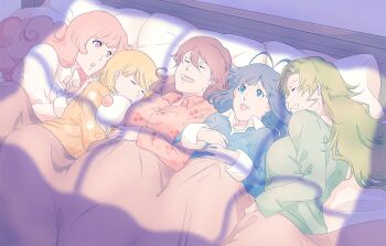 Rule 34 | 1boy, 4girls, absurdres, antenna hair, bambietta basterbine, bed, bleach, bleach: sennen kessen-hen, blonde hair, blue eyes, blue hair, breasts, brown hair, candice catnipp, commentary request, curly hair, giselle gewelle, green hair, green pajamas, highres, large breasts, liltotto lamperd, long hair, m1gm1gmagnesium, medium breasts, meninas mcallon, multiple girls, pajamas, pillow, pink eyes, pink hair, pink pajamas, shared bed, shared blanket, short hair, sleeping, sleepover, stuffed toy, trap