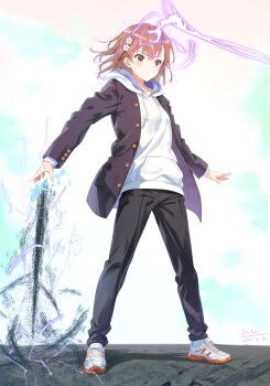 1girl a_certain_high_school_uniform alternate_costume black_jacket black_pants brown_eyes brown_hair closed_mouth cosplay crossdressing crossdressing_(ftm) electricity electrokinesis eritri full_body gakuran hair_ornament hairpin highres hood hoodie jacket jacket_over_hoodie kamijou_touma kamijou_touma_(cosplay) long_sleeves magnetism medium_hair metal_sand misaka_mikoto open_clothes open_jacket pants revision school_uniform shoes simple_background sneakers solo standing toaru_majutsu_no_index toaru_majutsu_no_index:_new_testament variant_set white_background white_hoodie white_shoes