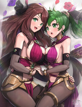absurdres asymmetrical_docking breast_press breasts cleavage dorothea_arnault dorothea_arnault_(plegian) fire_emblem fire_emblem:_genealogy_of_the_holy_war fire_emblem:_three_houses fire_emblem_heroes flower gonzarez green_eyes green_hair highres interlocked_fingers large_breasts lene_(fire_emblem) lene_(plegian)_(fire_emblem) long_hair looking_at_viewer multiple_girls nintendo official_alternate_costume sideboob smile