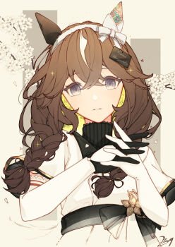 1girl absurdres animal_ears black_gloves black_sweater braid braided_sidelocks brown_hair commentary_request curren_bouquetd'or_(umamusume) dress ear_covers elbow_gloves gloves grey_eyes hair_between_eyes hairband highres horse_ears horse_girl interlocked_fingers long_braid long_hair looking_at_viewer low_twin_braids mismatched_ear_covers parted_lips shikahisa_totani solo sweater twin_braids umamusume upper_body white_dress white_gloves white_streaks