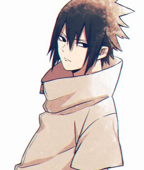 1boy black_eyes black_hair closed_mouth hair_between_eyes highres looking_at_viewer male_focus mochiii-s naruto_(series) naruto_shippuuden shirt short_hair short_sleeves solo uchiha_sasuke upper_body white_background white_shirt zipper_pull_tab