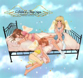 Rule 34 | 3girls, angel wings, artist name, bad id, barefoot, bed, bed sheet, blonde hair, bloomers, blue bloomers, blue bra, blue eyes, blue sky, bra, brown eyes, brown hair, closed eyes, closed mouth, cloud, dated, feathered wings, hair ribbon, heart, heart-shaped pillow, holding, holding pillow, kairi (open your eyes), long hair, looking at viewer, lying, multiple girls, navel, nightgown, on bed, on side, original, panties, parted lips, pillow, red ribbon, red shirt, red shorts, ribbon, see-through clothes, see-through nightgown, shirt, short hair, short shorts, shorts, sitting, sky, sleeping, sleeping upright, smile, socks, star (symbol), strapless, strapless bra, underwear, watermark, web address, white socks, white wings, wings, yellow bra, yellow panties, yellow ribbon
