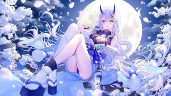 1girl arm_at_side backlighting bare_shoulders black_shirt black_shoes blue_eyes blue_horns blue_kimono blunt_bangs cleavage_cutout clothing_cutout cloud commission diamond_cutout double-parted_bangs earrings eyeliner fang full_body furisode_sleeves gold_trim hand_up happy highres holding horn_ornament horns huge_moon indie_virtual_youtuber japanese_clothes jewelry kimono long_hair looking_at_viewer makeup manmaru_(vtuber) mole mole_under_eye moon night nonomiya_(817nono) object_request off_shoulder okobo open_mouth outdoors panties platform_clogs platform_sandals purple_sash red_eyeliner sandals sash second-party_source shirt shoes single_bare_leg single_thighhigh sitting sky sleeveless sleeveless_shirt smile solo star_(sky) tabi teeth thighhighs underwear upper_teeth_only very_long_hair white_petals white_thighhighs wind