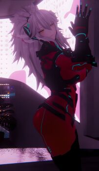 1girl 3d ass bodysuit breasts cyborg gloves highres indie_virtual_youtuber large_breasts long_hair ponytail red_bodysuit virtual_youtuber white_hair yellow_eyes zentreya zentreya_(cyborg) zentreya_(cyborg)_(1st_costume)