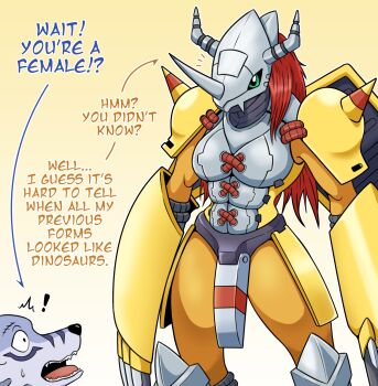 Rule 34 | armor, breasts, claws, digimon, dragon girl, genderswap, green eyes, highres, long hair, looking at another, red hair, vavacung, wargreymon, weregarurumon