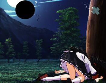 2girls ? absurdres all_fours arm_support bandaid bird_wings black_skirt facing_away frilled_skirt frills full_moon geta grass highres monadmandara moon multiple_girls night orb outdoors rumia rumia_(darkness) shameimaru_aya shirt short_sleeves skirt sky socks star_(sky) starry_sky tengu-geta touhou tree trembling white_shirt white_socks wings