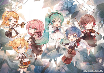 Rule 34 | > o, 2boys, 4girls, :3, ahoge, blonde hair, blue eyes, blue flower, blue hair, blue rose, blush, bow (music), bow hairband, brown hair, cello, chibi, chibi only, clarinet, commentary request, copyright notice, crossed ankles, detached sleeves, dress, drum, elbow gloves, flower, formal clothes, frilled dress, frills, full body, gloves, green eyes, hair flower, hair ornament, hair ribbon, hairband, hairclip, hatsune miku, holding, holding bow (music), holding instrument, instrument, kagamine len, kagamine rin, kaito (vocaloid), long hair, long sleeves, looking back, megurine luka, meiko (vocaloid), miku symphony (vocaloid), multiple boys, multiple girls, music, necktie, niwako, one eye closed, open mouth, outstretched arm, pink hair, playing instrument, ponytail, red eyes, ribbon, rose, short ponytail, short sleeves, shorts, skirt, smile, socks, standing, standing on one leg, suit, thighhighs, treble clef, trumpet, twintails, very long hair, violin, vocaloid, water drop