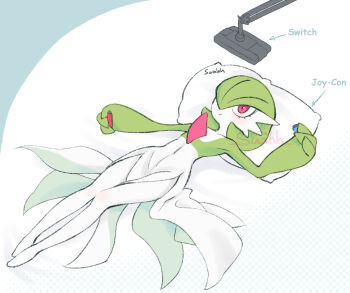 1girl :/ armpits arrow_(symbol) artist_name bob_cut closed_mouth collarbone colored_skin comic_sans controller english_text female_focus flat_chest full_body game_controller gardevoir gen_3_pokemon green_hair green_skin hair_over_one_eye hand_up head_on_pillow holding holding_controller holding_game_controller joy-con legs legs_together looking_up lying multicolored_skin nintendo nintendo_switch on_back one_eye_covered pillow pokemon pokemon_(creature) red_eyes short_hair signature solo suahh two-tone_skin white_background white_skin