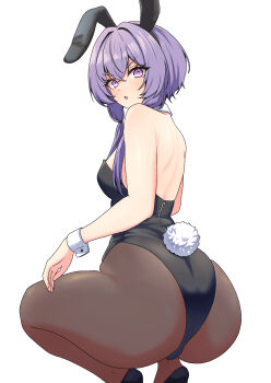 1girl :o aikurou animal_ear_hairband animal_ears ass ass_focus back bare_arms bare_shoulders black_hairband black_leotard blush breasts commentary_request crossed_bangs detached_collar fake_animal_ears fake_tail from_behind hair_between_eyes hairband highres huge_ass leotard long_hair looking_at_viewer looking_back medium_breasts pantyhose playboy_bunny purple_eyes purple_hair rabbit_ear_hairband rabbit_ears rabbit_tail short_hair_with_long_locks sidelocks simple_background solo squatting strapless strapless_leotard tail thighs v-shaped_eyebrows vocaloid voiceroid white_background white_wrist_cuffs wrist_cuffs yuzuki_yukari