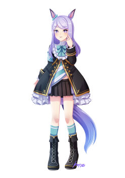 Rule 34 | 1girl, absurdres, animal ears, aqua bow, aqua bowtie, aqua ribbon, aqua socks, black boots, black jacket, black skirt, blush, boots, bow, bowtie, closed mouth, coat, ear bow, ear ribbon, frilled coat, frilled jacket, frills, full body, highres, horse ears, horse girl, horse tail, jacket, konsu (konsu1182da), long hair, long sleeves, looking at viewer, mejiro mcqueen (frontline elegance) (umamusume), mejiro mcqueen (umamusume), pleated skirt, purple eyes, purple hair, ribbon, shirt, simple background, skirt, smile, socks, solo, striped clothes, striped shirt, tail, umamusume, white background
