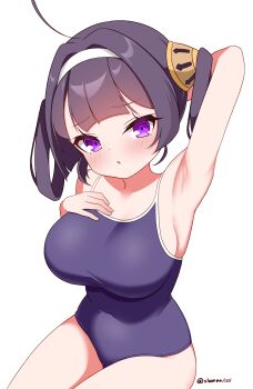 1girl absurdres ahoge arm_behind_head armpits azur_lane black_hair blue_one-piece_swimsuit breasts competition_school_swimsuit cowboy_shot hairband hand_on_own_chest highres large_breasts one-piece_swimsuit oppai_loli ping_hai_(azur_lane) purple_eyes school_swimsuit sitting slumpa solo swimsuit twitter_username white_hairband