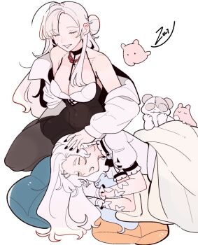 2girls :d ahoge asymmetrical_bangs bare_shoulders black_dress black_pantyhose blanket breasts cleavage closed_eyes collarbone commentary_request cushion dress eleven_(path_to_nowhere) eve_(path_to_nowhere) forehead gloves hair_bun half_updo highres jacket juliet_sleeves large_breasts light_blush long_hair long_sleeves mole mole_under_eye multiple_girls off_shoulder open_clothes open_jacket open_mouth pantyhose parted_lips path_to_nowhere puffy_sleeves shirt signature simple_background sleeping smile stitched_face stitches stuffed_animal stuffed_dog stuffed_ghost stuffed_toy two-tone_dress under_covers white_dress white_gloves white_hair white_jacket white_shirt zui_(zuihitu)