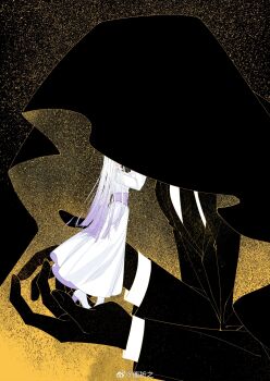 Rule 34 | 1boy, 1girl, black background, black jacket, black necktie, black skin, black veil, blunt ends, boots, chinese commentary, colored skin, corset, covered face, dress, from side, full body, gradient hair, highres, implied kiss, in palm, jacket, long dress, long hair, long sleeves, luki 9713, mini person, minigirl, multicolored hair, necktie, original, purple corset, purple hair, shirt, size difference, suit jacket, tiptoes, two-sided fabric, upper body, veil, veil over eyes, very long hair, watermark, weibo watermark, white boots, white dress, white hair, white shirt, yellow veil