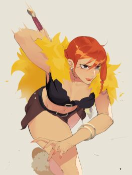 1girl arm_tattoo black_shirt bracelet brown_skirt capelet closed_mouth commentary earrings fur_capelet fur_leg_warmers hair_between_eyes highres holding holding_weapon incoming_attack jewelry leg_warmers long_hair looking_ahead nami_(one_piece) one_piece orange_hair pearl_earrings retrotheartist running shirt sidelocks simple_background skirt smile solo sword tattoo thighs weapon yellow_capelet